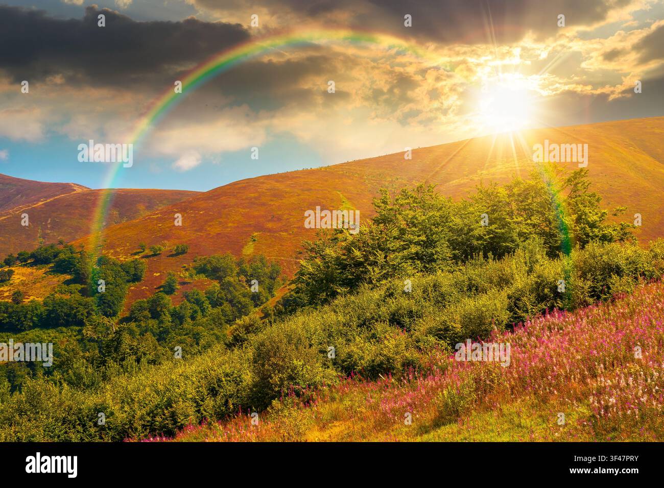carpathian mountain landscape. travel ukraine in summer. slopes mountain ridge in august at night. wonderful carpathian adventure in full moon light Stock Photo