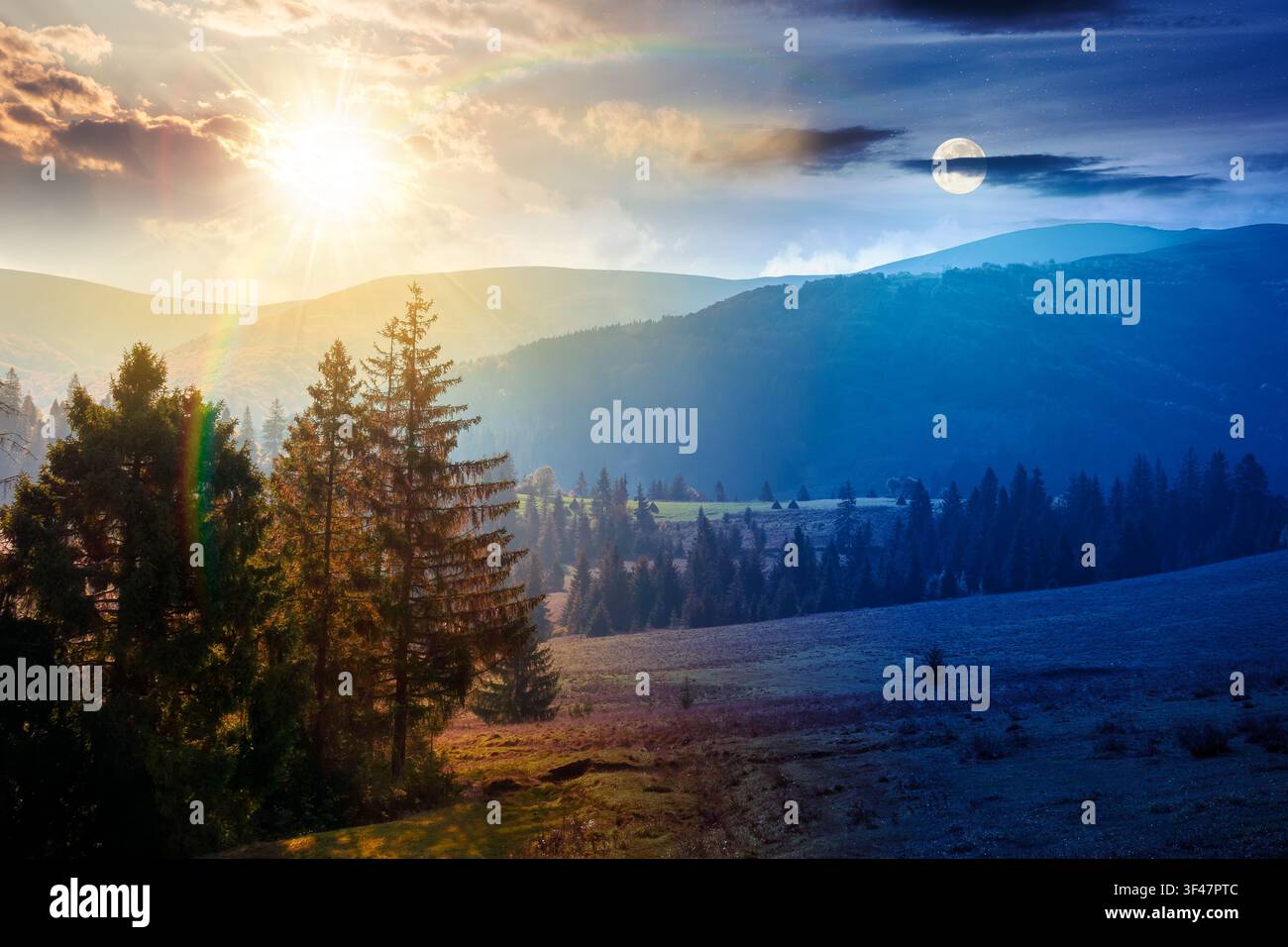 countryside mountain landscape on autumn equinox. weathered grassy field on a hill near forest. rural background. alpine highland of ukraine at twilig Stock Photo