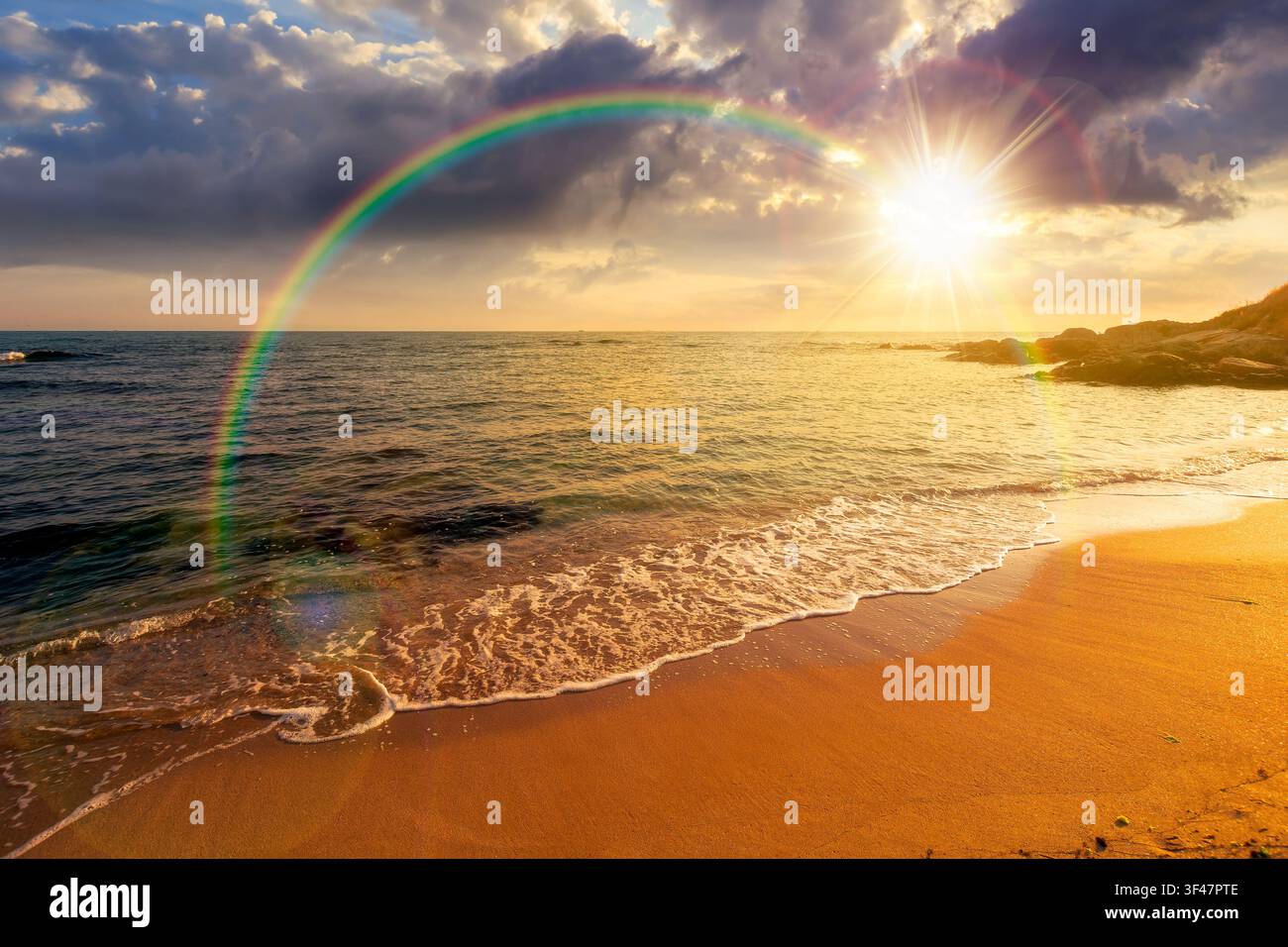 sunset over black sea landscape in summer. bulgaria nature landscape with sandy beach. summer vacation at the sea shore concept. waves and empty beach Stock Photo