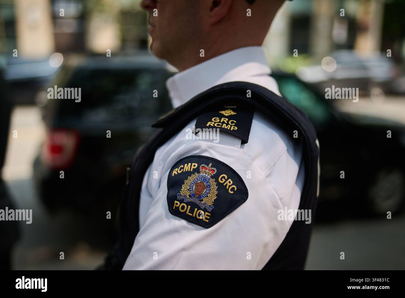 An RCMP shoulder patch is seen in Toronto, on Monday, July 27, 2026 ...