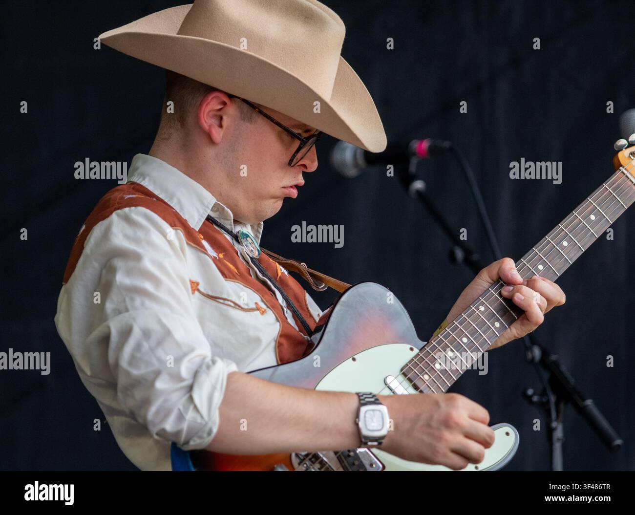 Dom Glynn and his Sunday Best on the main stage at the 19th Maverick long weekend Americana music festival held in Easton Farm Park in rural Suffolk. Stock Photo
