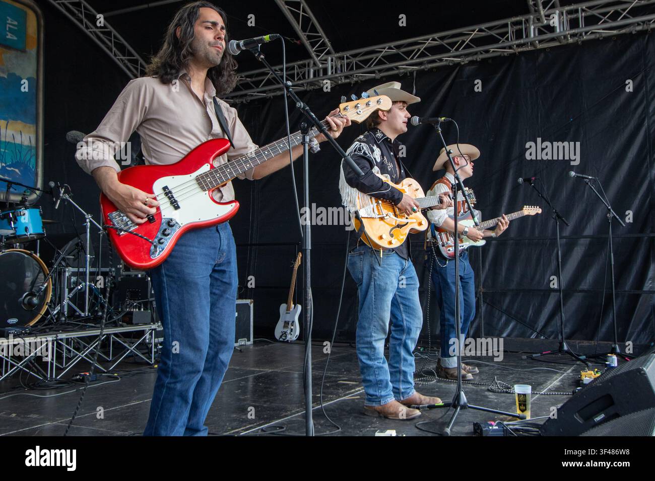 Dom Glynn and his Sunday Best on the main stage at the 19th Maverick long weekend Americana music festival held in Easton Farm Park in rural Suffolk. Stock Photo