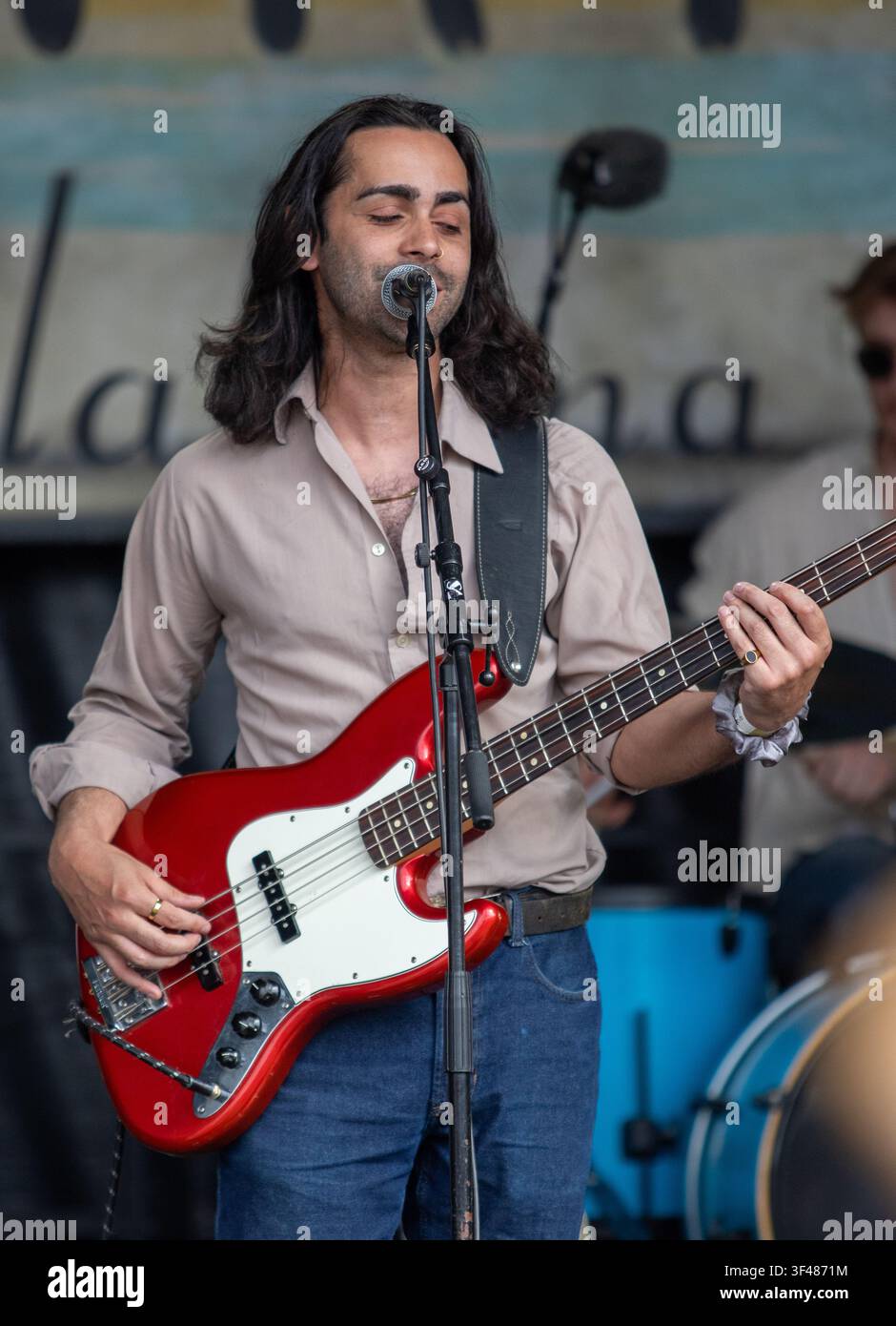 Dom Glynn and his Sunday Best on the main stage at the 19th Maverick long weekend Americana music festival held in Easton Farm Park in rural Suffolk. Stock Photo