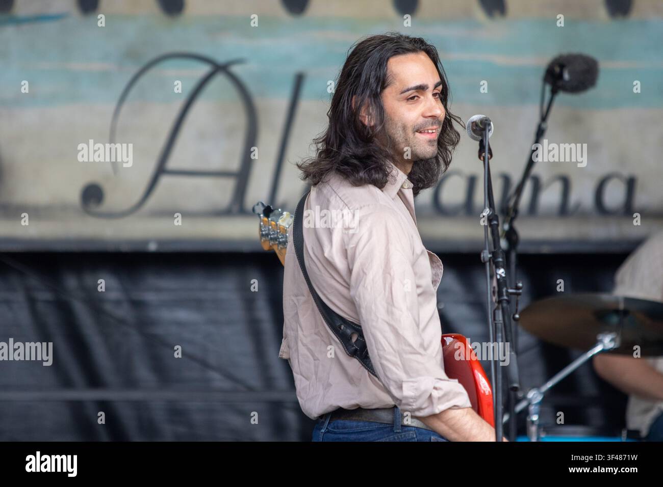 Dom Glynn and his Sunday Best on the main stage at the 19th Maverick long weekend Americana music festival held in Easton Farm Park in rural Suffolk. Stock Photo