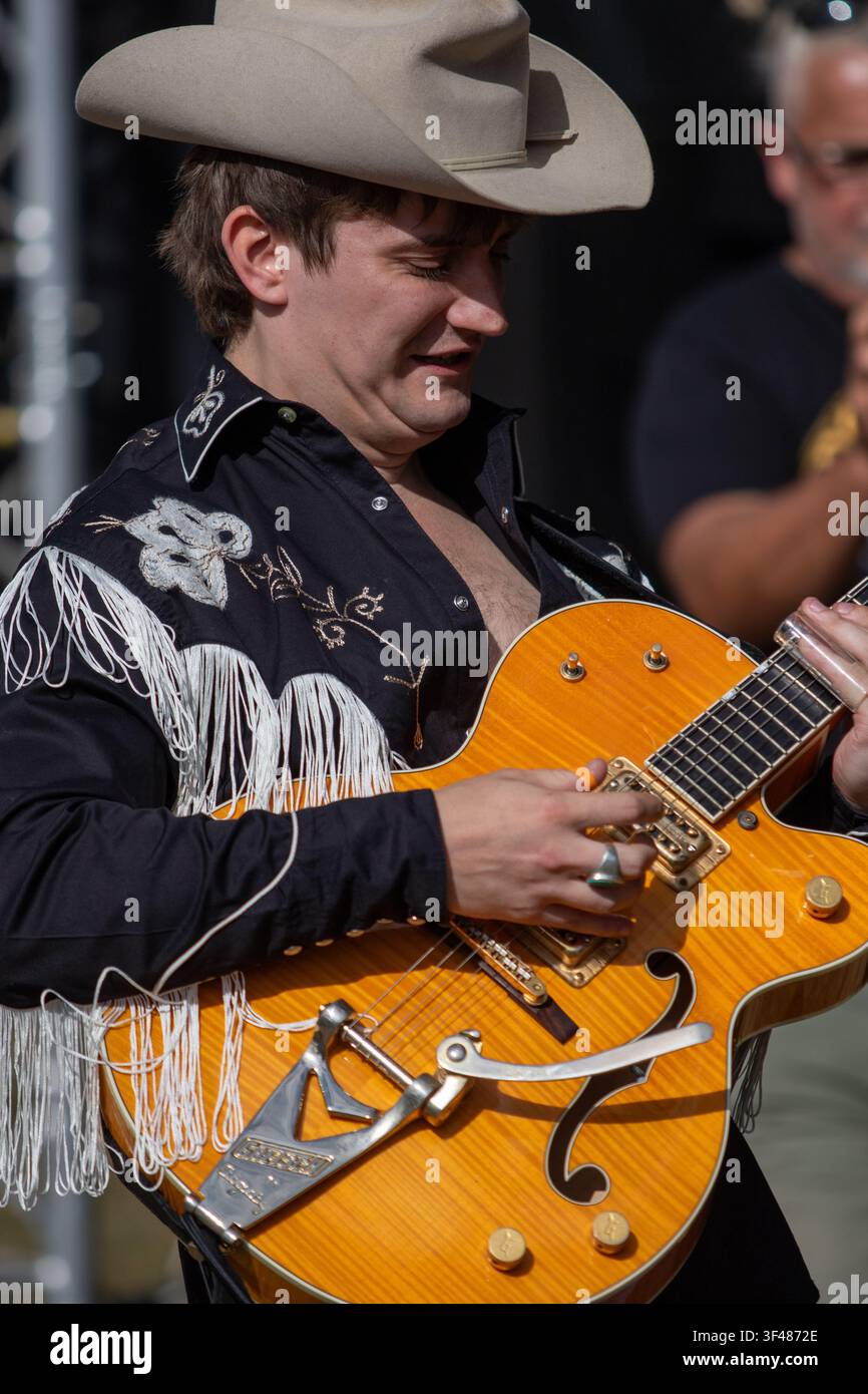 Dom Glynn and his Sunday Best on the main stage at the 19th Maverick long weekend Americana music festival held in Easton Farm Park in rural Suffolk. Stock Photo
