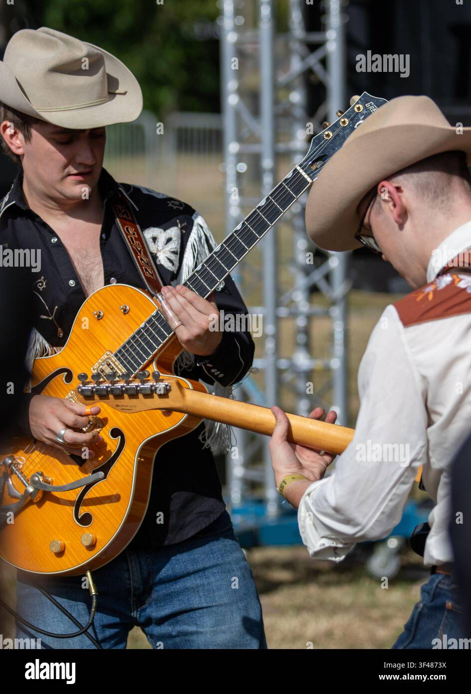 Dom Glynn and his Sunday Best on the main stage at the 19th Maverick long weekend Americana music festival held in Easton Farm Park in rural Suffolk. Stock Photo
