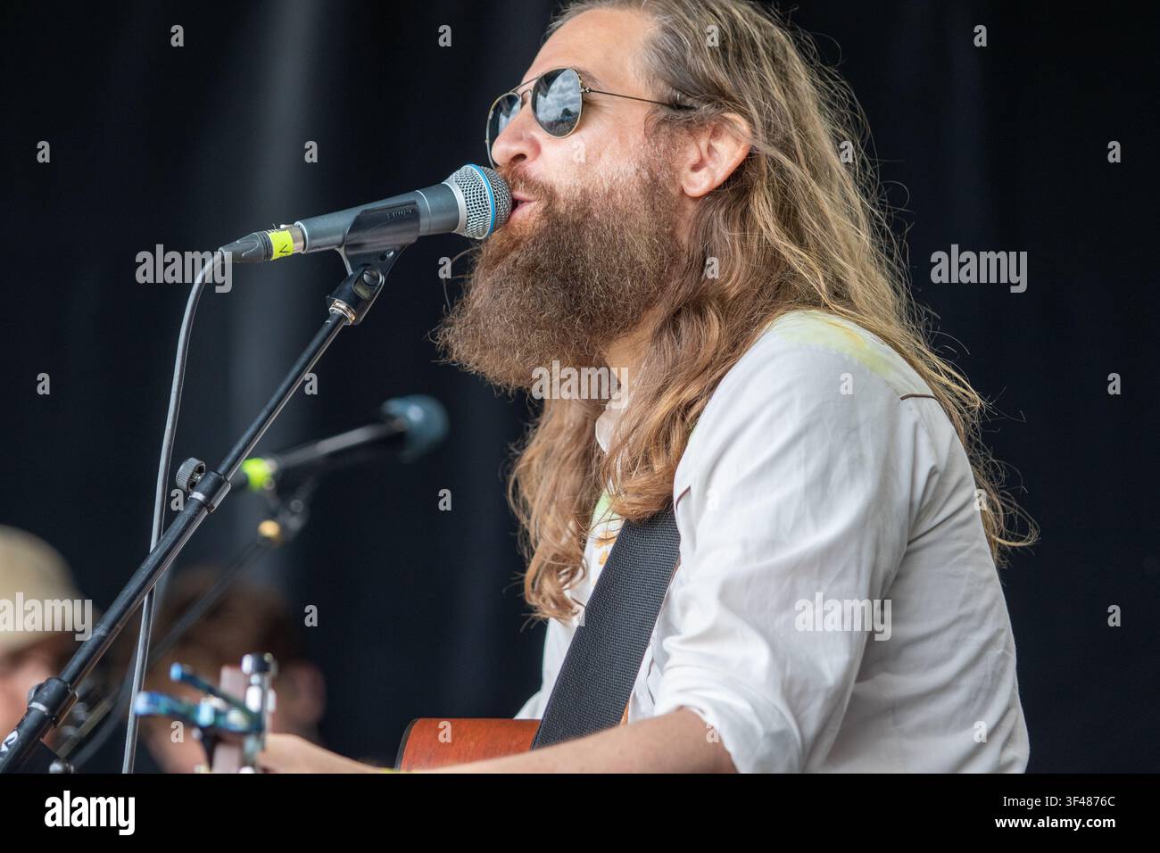 LA band Rose's Pawnshop prompting dancing at the 19th Maverick long weekend Americana music festival held in Easton Farm Park in rural Suffolk. Stock Photo
