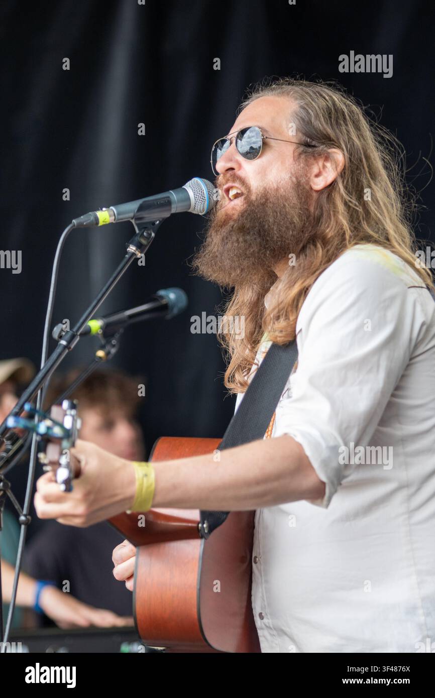 LA band Rose's Pawnshop prompting dancing at the 19th Maverick long weekend Americana music festival held in Easton Farm Park in rural Suffolk. Stock Photo