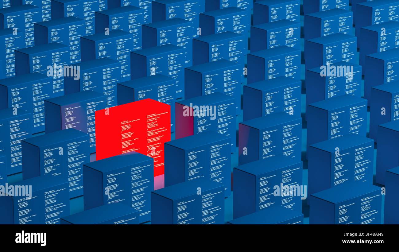 A red technology server cube stands out among many blue cubes. Each cube is marked with code and forms a vast network, showing data. Stock Photo