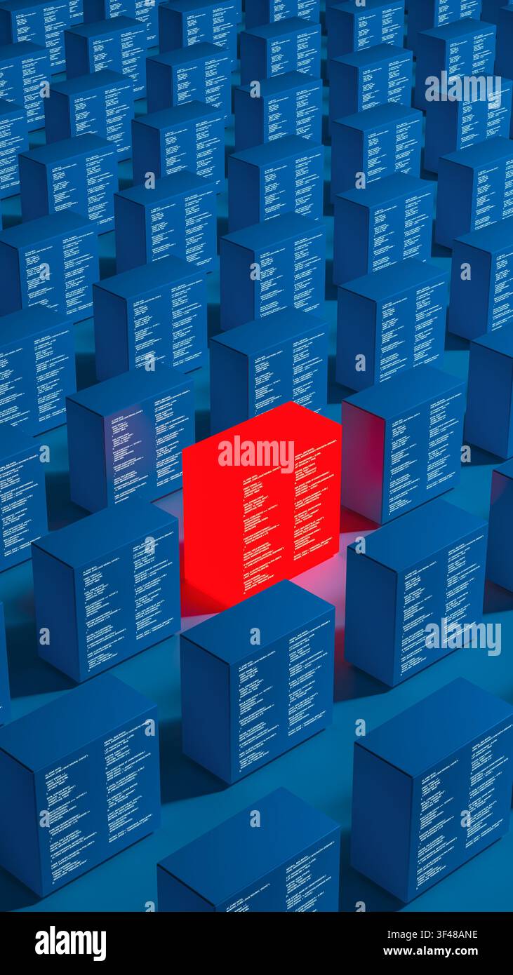 A red technology server cube stands out among many blue cubes. Each cube is marked with code and forms a vast network, showing data. Stock Photo