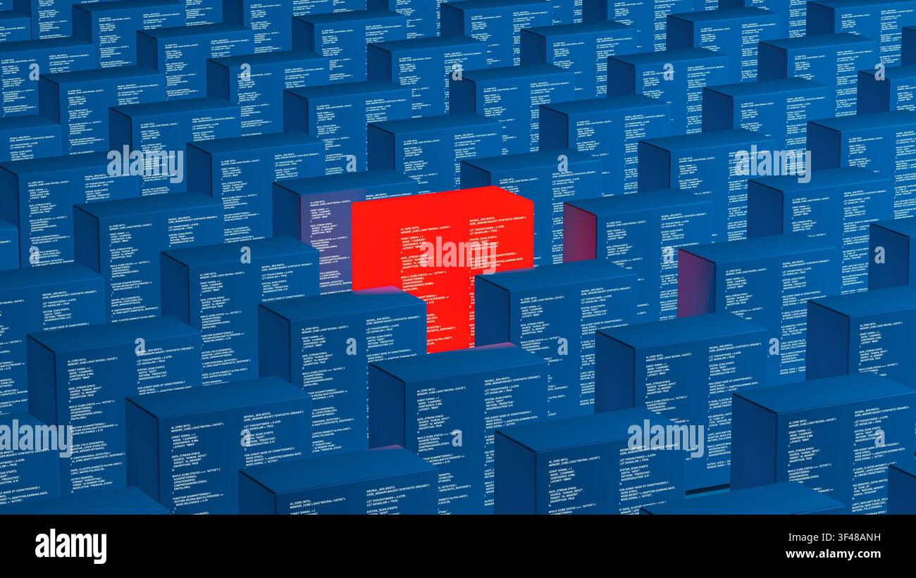 A red technology server cube stands out among many blue cubes. Each cube is marked with code and forms a vast network, showing data. Stock Photo