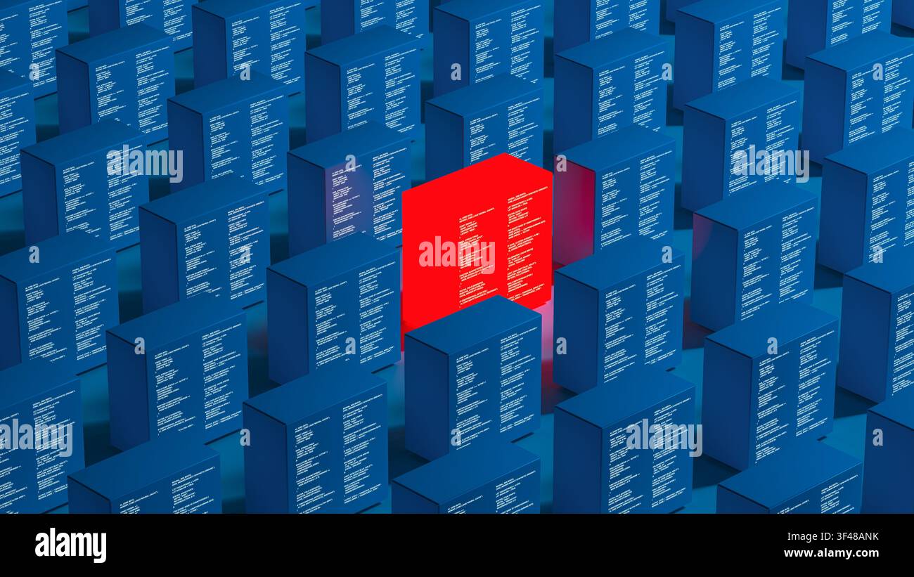 A red technology server cube stands out among many blue cubes. Each cube is marked with code and forms a vast network, showing data. Stock Photo
