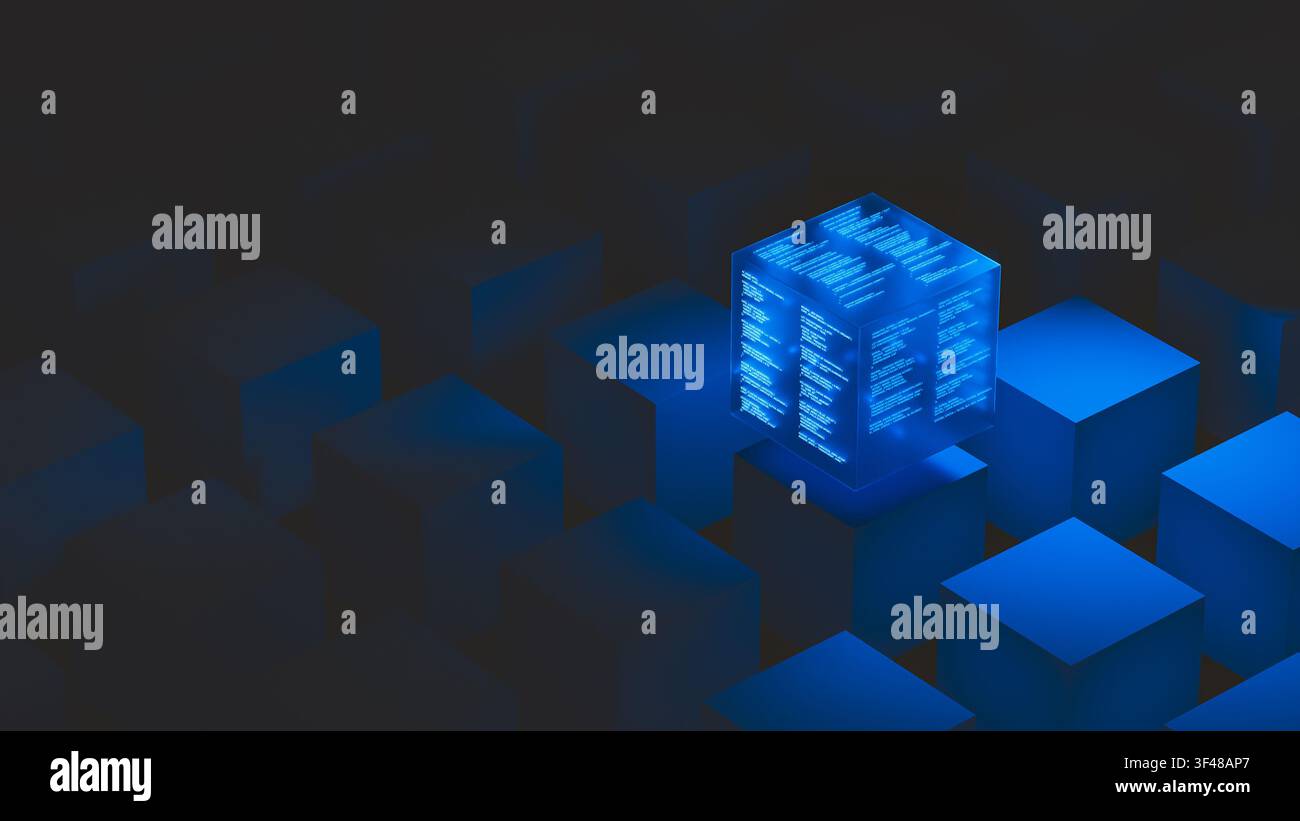 A glowing technology data cube floats above other cubes in a dark area. It shows code and data clearly on its surface. Stock Photo