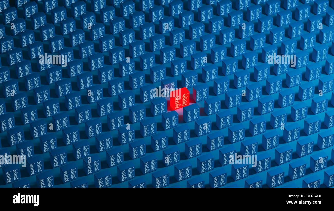 A red technology server cube stands out among many blue cubes. Each cube is marked with code and forms a vast network, showing data. Stock Photo