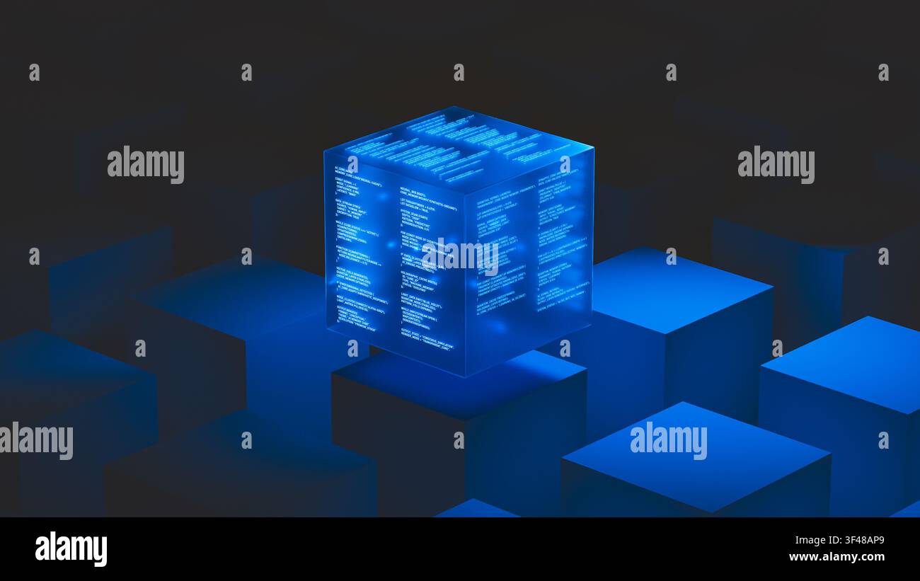 A glowing technology data cube floats above other cubes in a dark area. It shows code and data clearly on its surface. Stock Photo