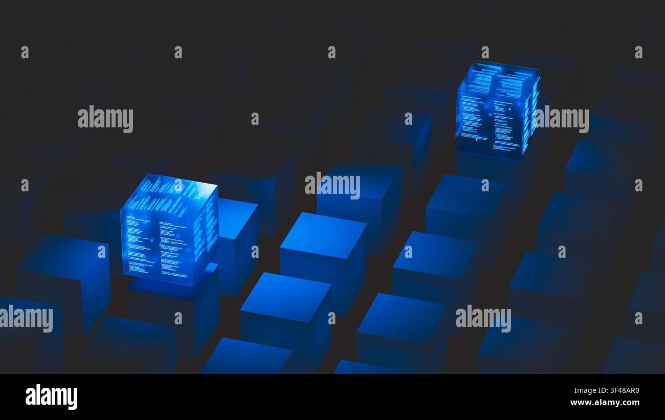 A glowing technology data cube floats above other cubes in a dark area. It shows code and data clearly on its surface. Stock Photo