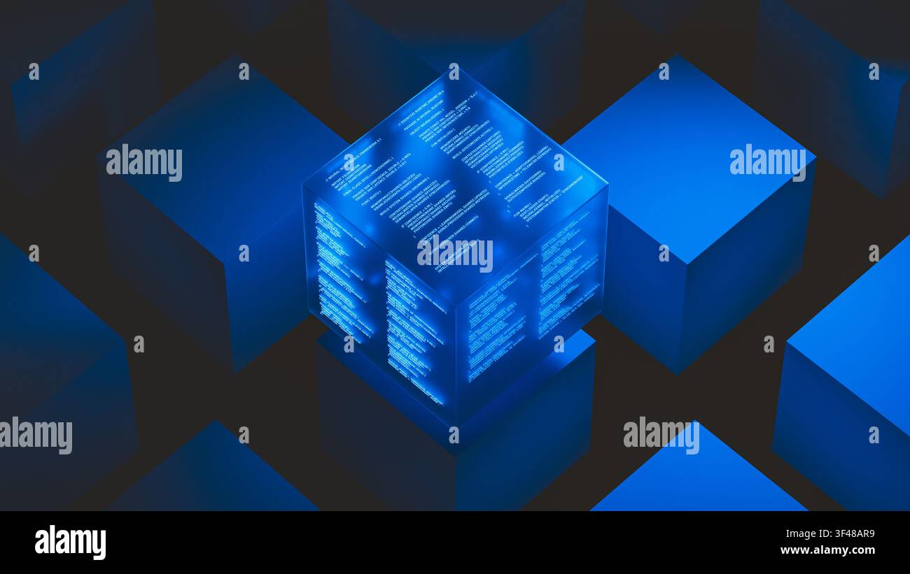 A glowing technology data cube floats above other cubes in a dark area. It shows code and data clearly on its surface. Stock Photo