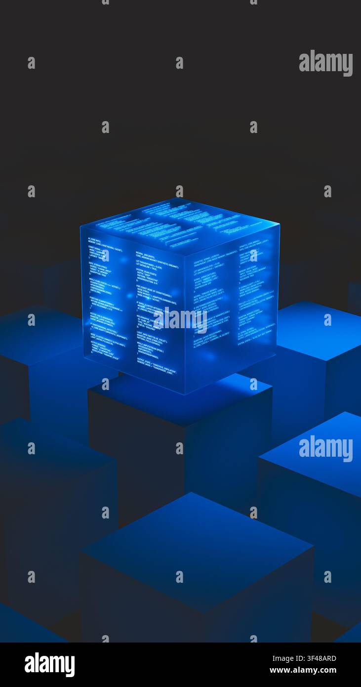 A glowing technology data cube floats above other cubes in a dark area. It shows code and data clearly on its surface. Stock Photo