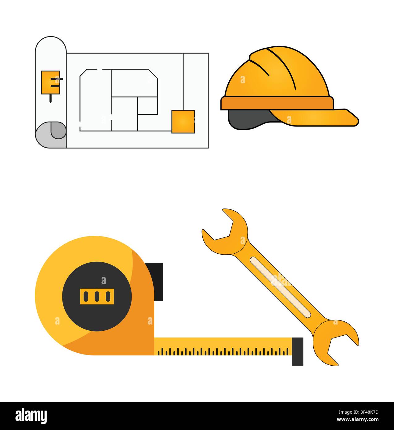 Architectural and maintenance tools including blueprint helmet wrench and tape Stock Vector