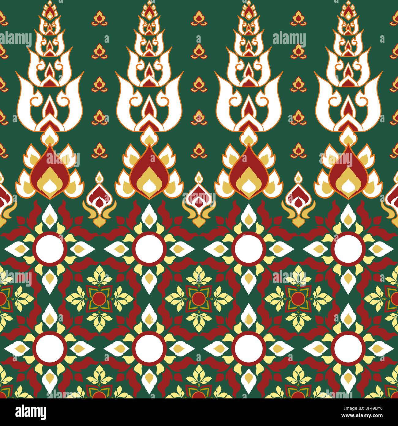 Thai Folk art design pattern Classic Damask Seamless Vector Illustration Elegant Vintage Floral carpet Luxury cloth Home Decoration green red yellow o Stock Vector