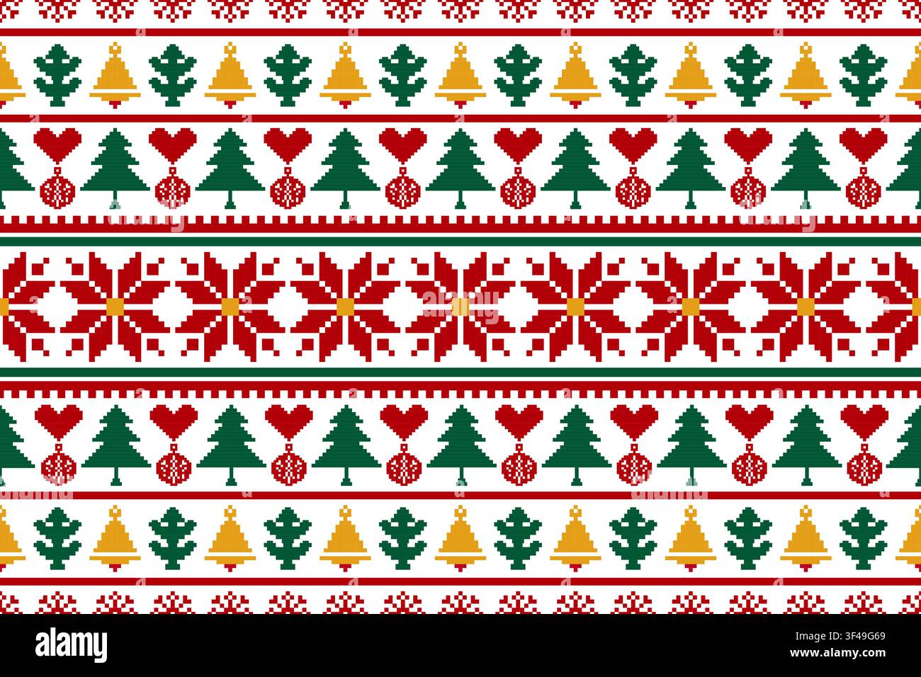 Christmas Knitted seamless pixel vector Pattern Snowflakes heart bells Festive Nordic Cross-stitch pattern Christmas trees, ornaments, bells bows, red Stock Vector