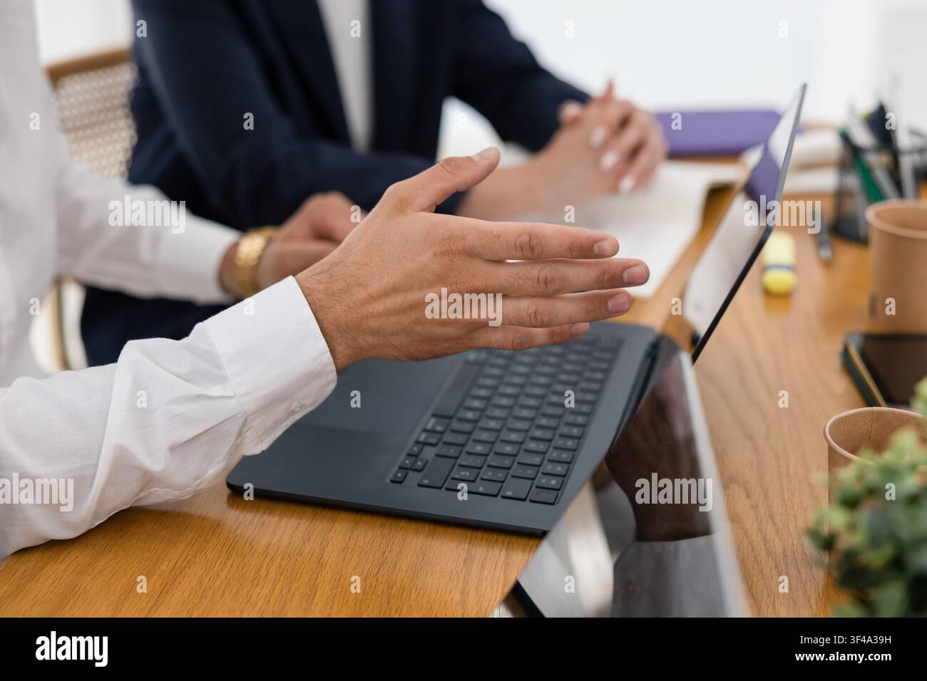 Business professionals discussing project using laptop Stock Photo