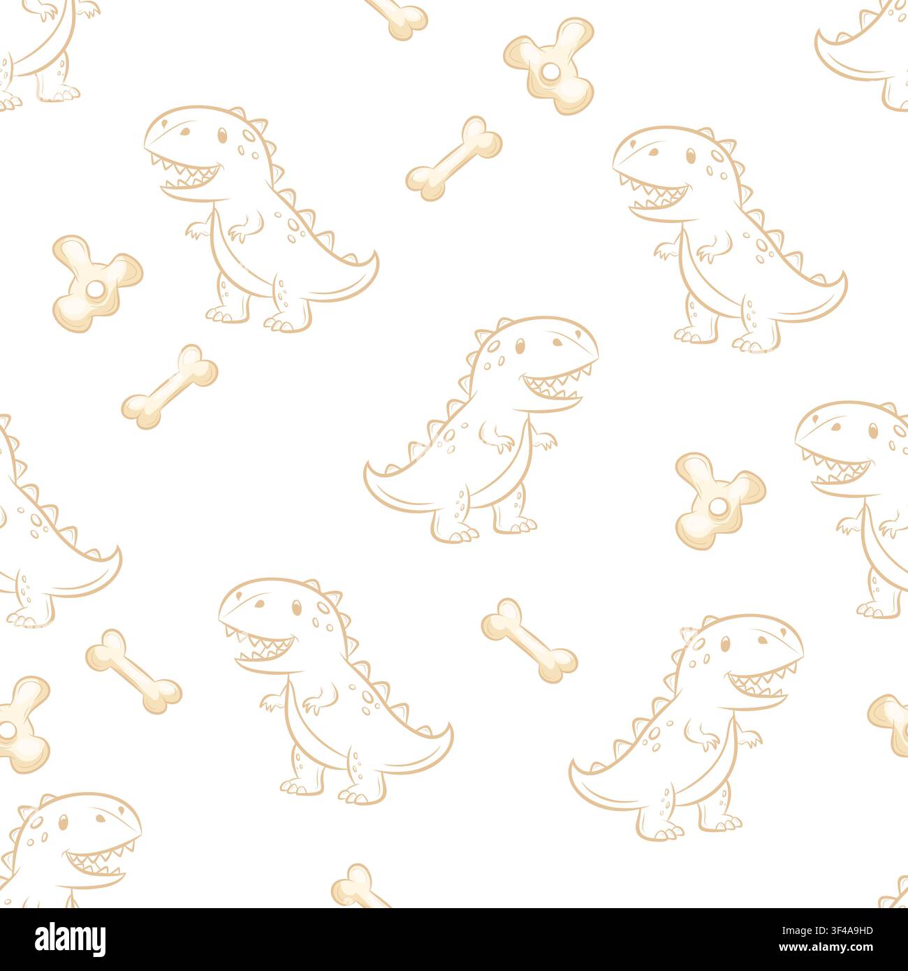A seamless vector pattern featuring dinosaurs and bones in a line art style Stock Vector