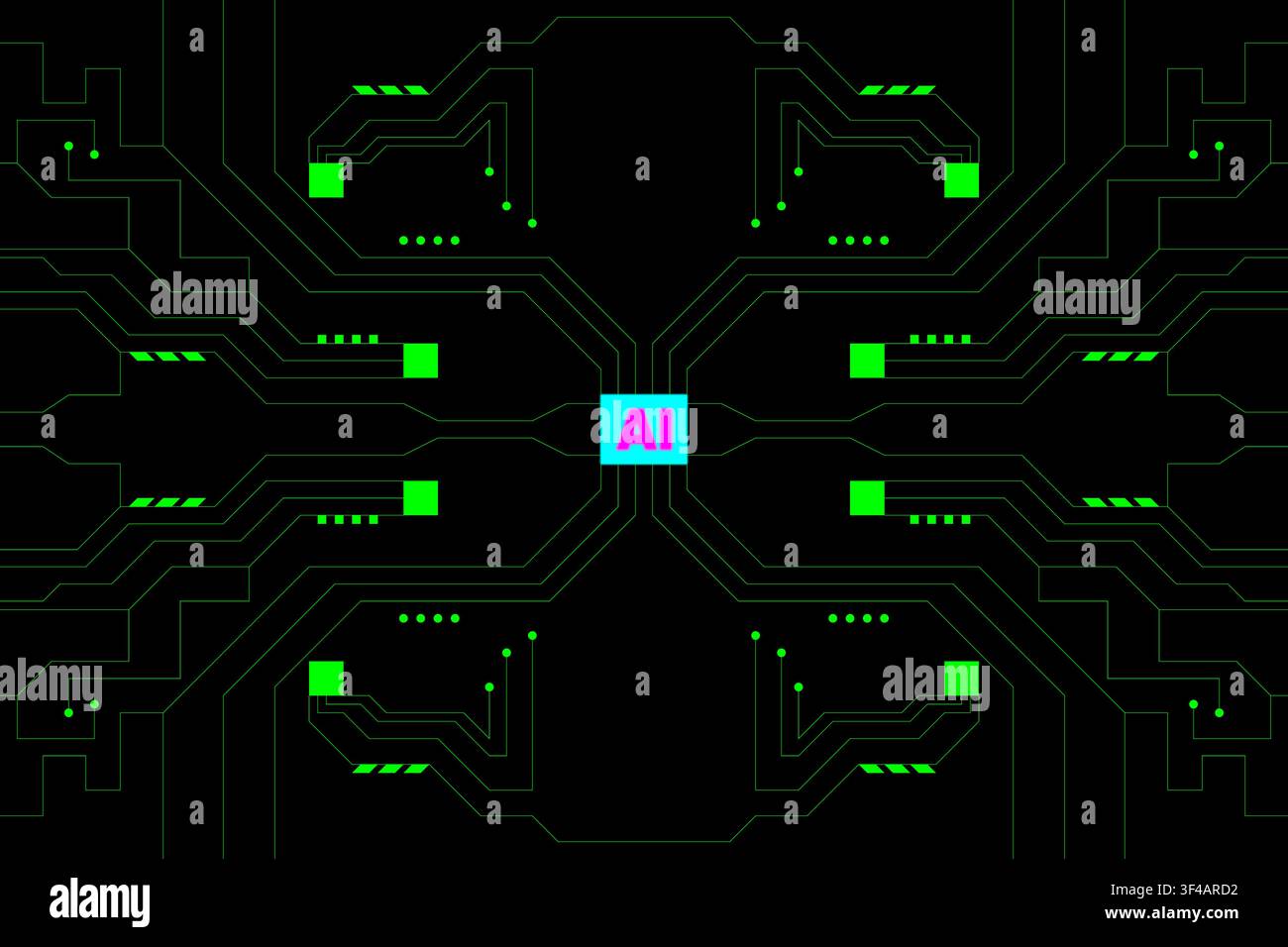 Futuristic digital interface with glowing green circuit lines and artificial intelligence central core Stock Vector
