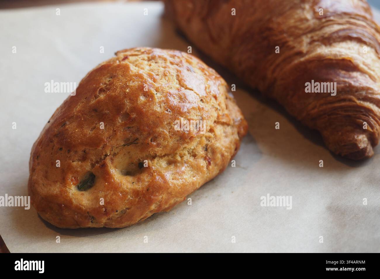 Freshly baked bread on a table Stock Photo