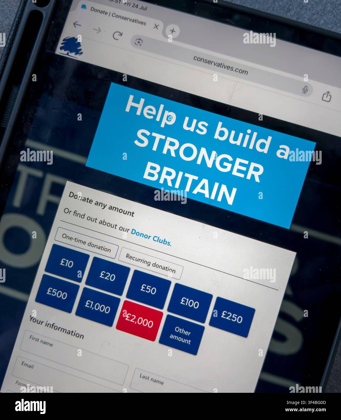 UK Conservative Party website donation form offering one-off and recurring payments to help fund Tory political campaigning. Stock Photo