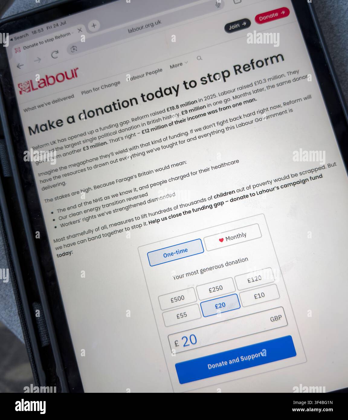 Labour Party online donation appeal on a tablet asking supporters to fund its campaign to stop Reform UK and compete for political donations Stock Photo
