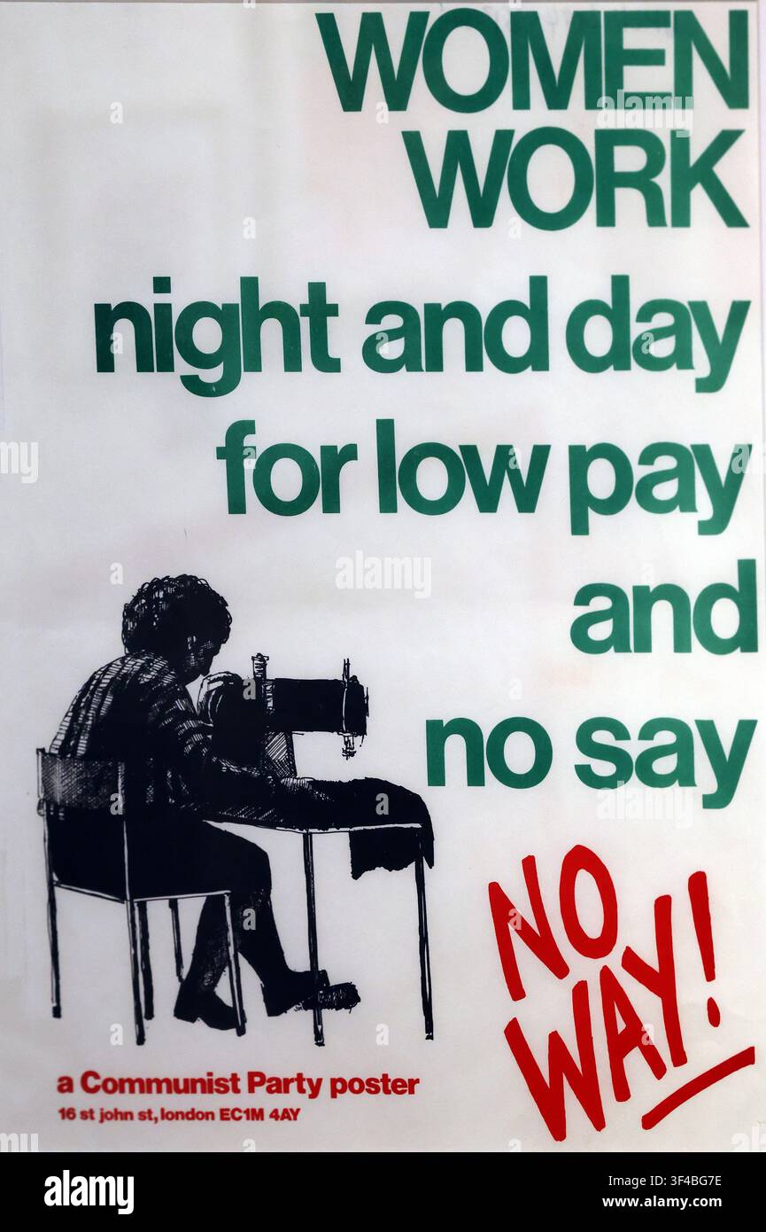 Communist Party equal-pay poster campaigning for women workers’ rights and fair wages in Britain around late 1960s / 1970. Stock Photo
