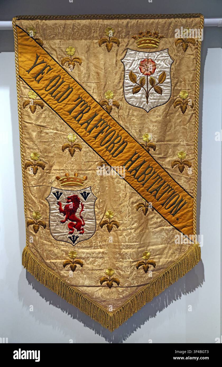 Ye Old Trafford Habitation Primrose League banner, around 1900, displayed at People's History Museum in Manchester, England, UK. Stock Photo