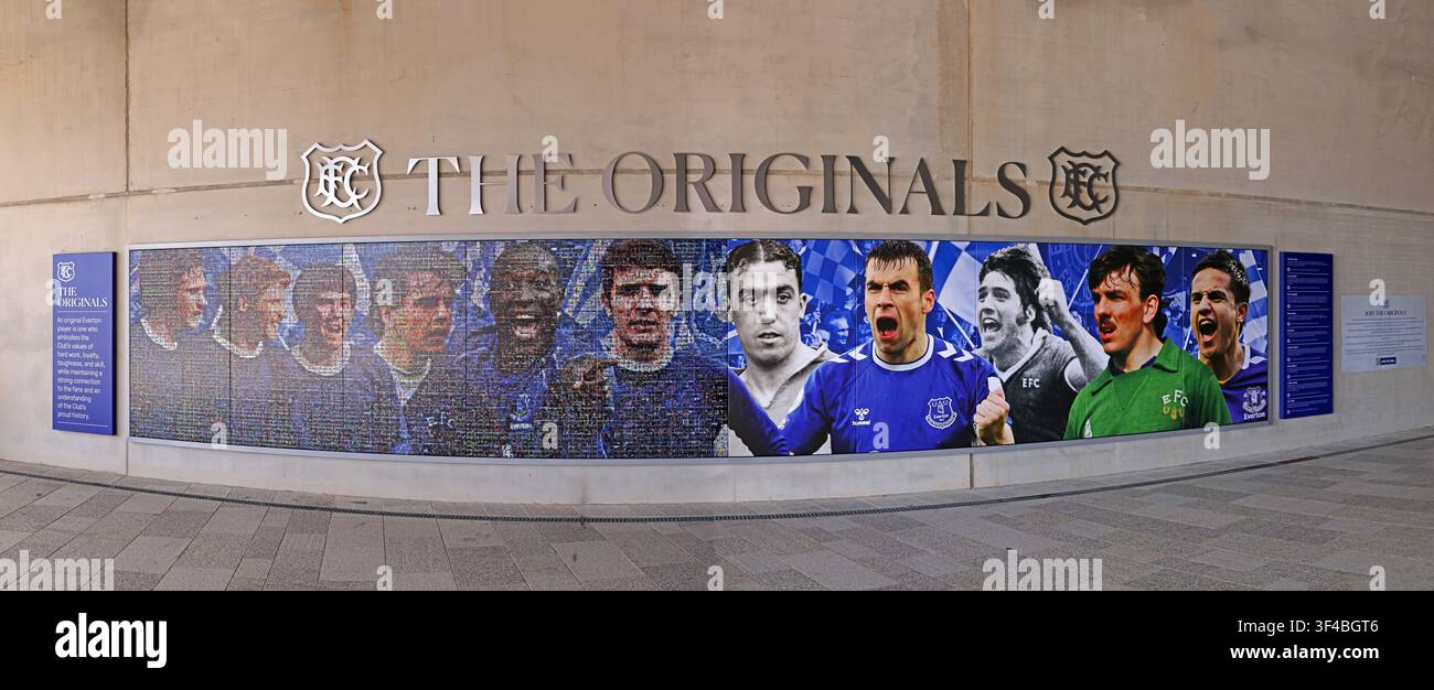 Everton Originals wall, panorama at Hill Dickenson stadium, Liverpool north docklands, EFC Stock Photo