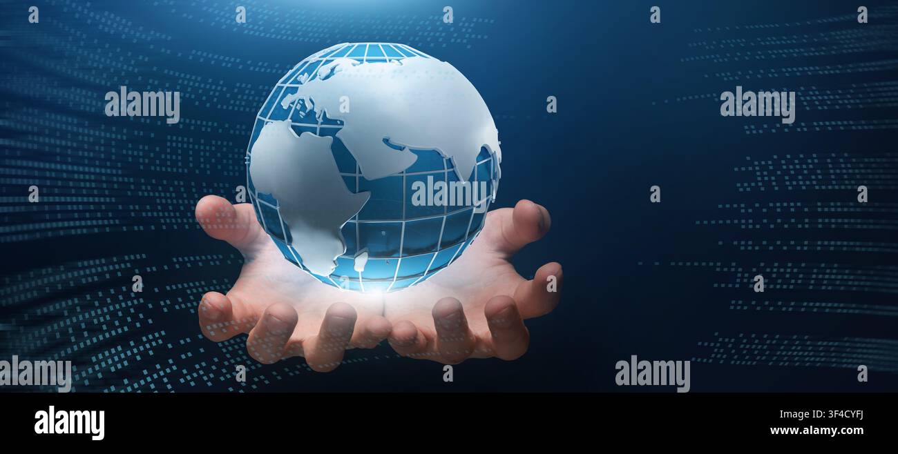 Global technologies. Male hands holding planet Earth on computer code background, collage. Copy space. Panorama Stock Photo