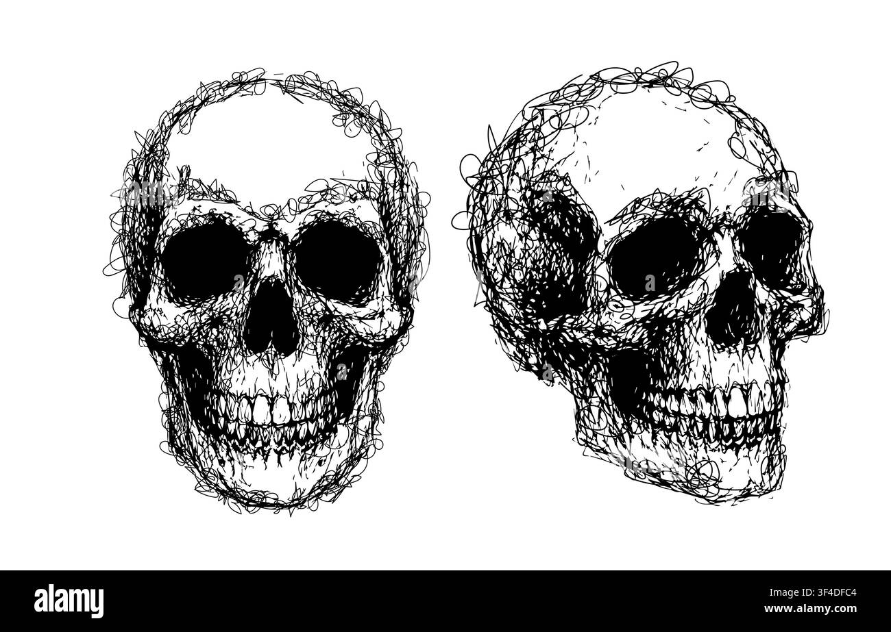 Skull swirls pen objects Hand drawn vector illustration. Stock Vector