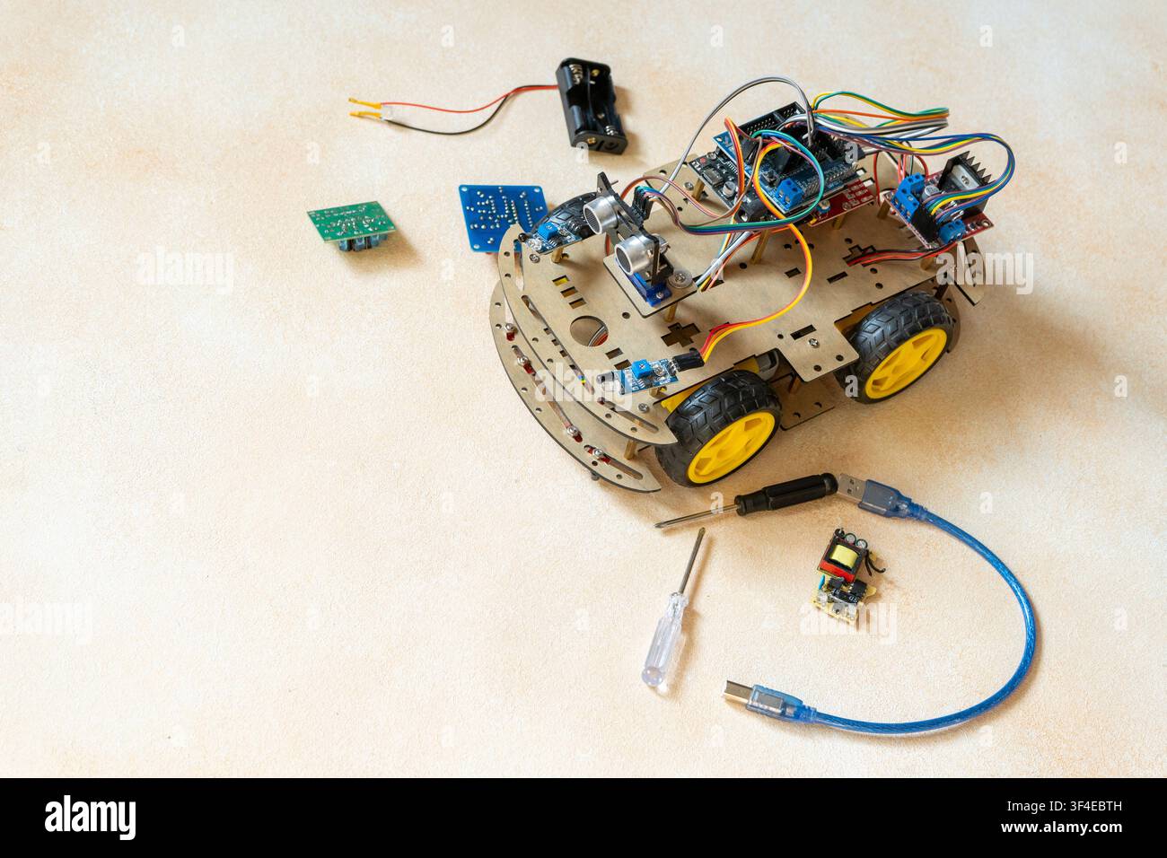 DIY Robot Car components. Educational electronics project for STEM learning and robotics project. Stock Photo