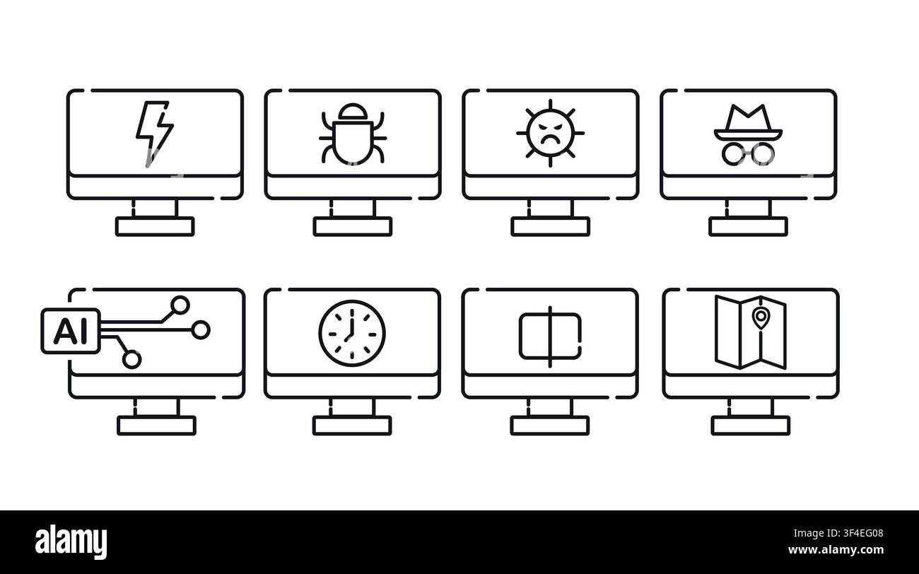 Set of 8 desktop computer vector icons. Black line art style on white background. PC monitors with lightning bolt, virus malware, incognito mode, AI, Stock Vector