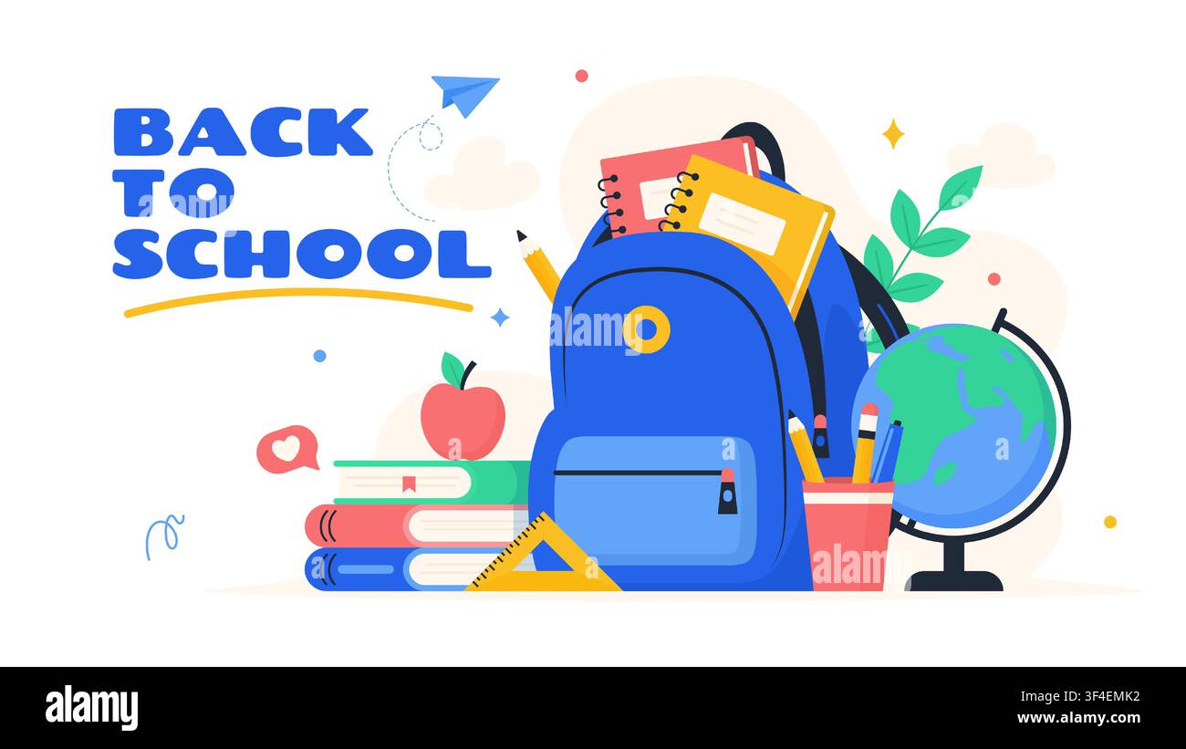 Back to school Flat vector illustration with backpack School supplies Stock Vector