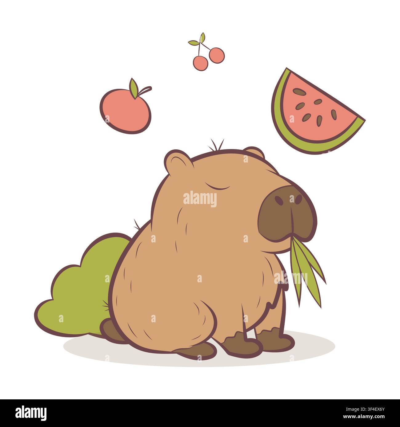 A vector illustration of a capybara eating leaves and summer fruit Stock Vector