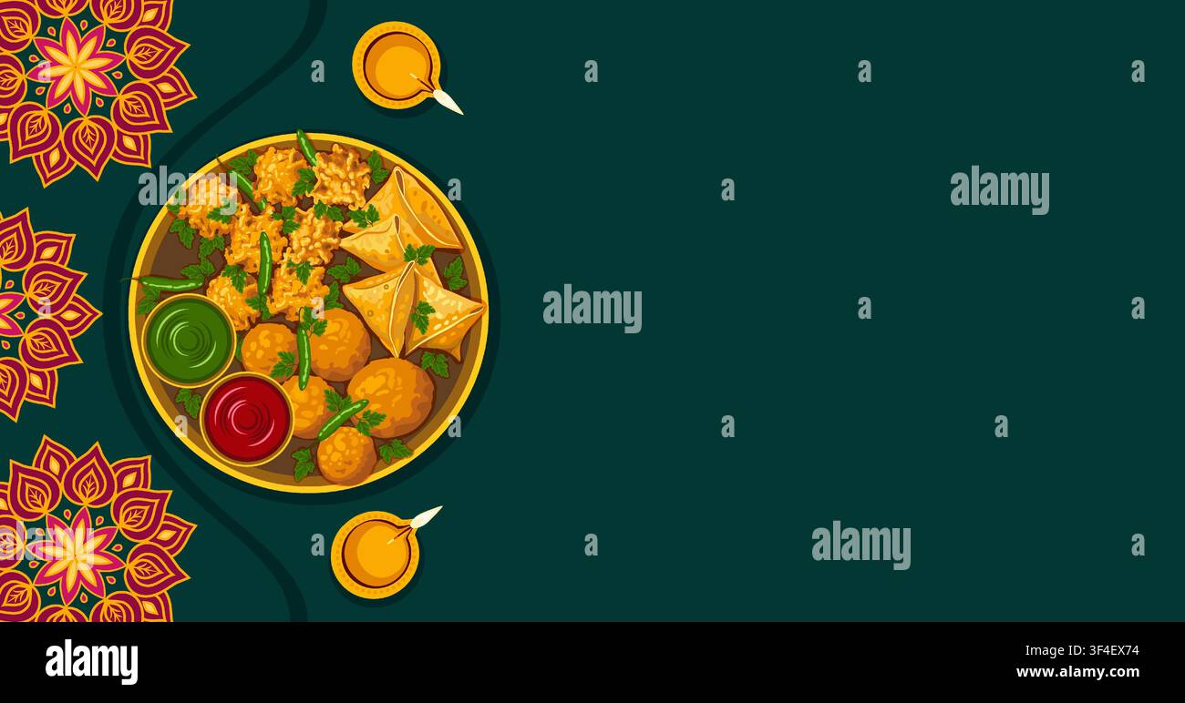 Horizontal Diwali food banner showing a thali with samosas, pakora, chutneys, diyas and rangoli on an emerald background with copy space. Stock Vector