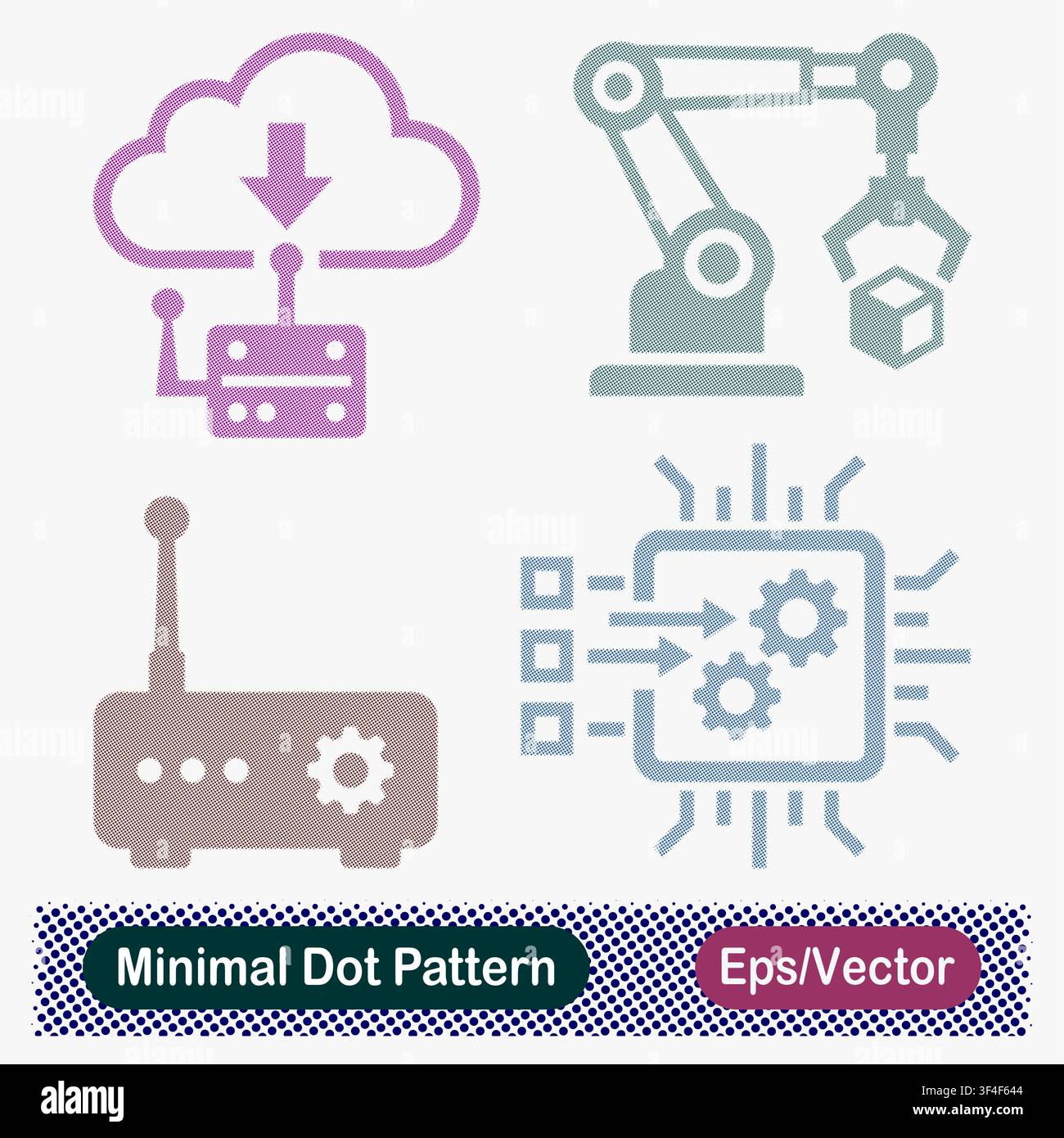 Minimal Dot Pattern Cloud Download, Robotic Arm Automation, Smart Router, and Microchip Data Processing Vector Icons Set Stock Vector