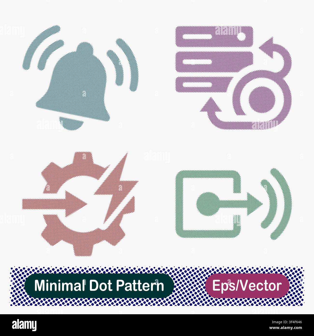 Minimal Dot Pattern System Notification, Server Recovery, Power Optimization, and Signal Output Vector Icons Set Stock Vector