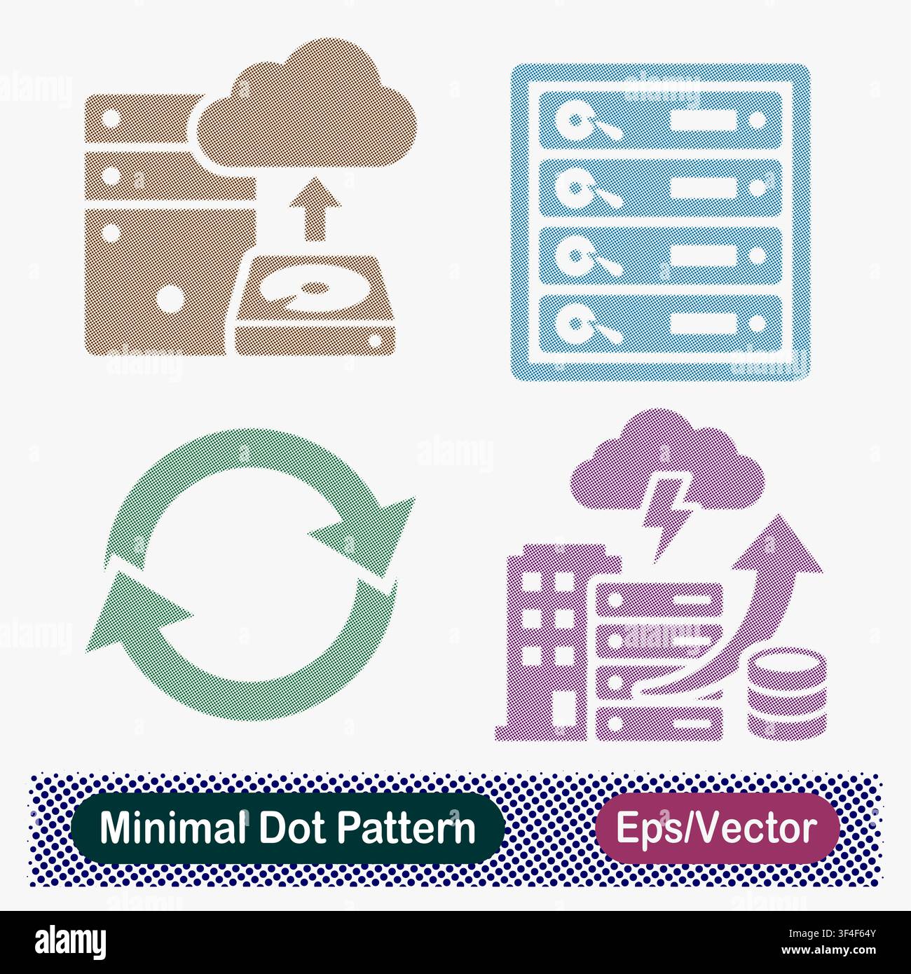 Minimal Dot Pattern Cloud Backup, Server Hard Drive Array, System Sync, and Hybrid Cloud Infrastructure Vector Icons Set Stock Vector