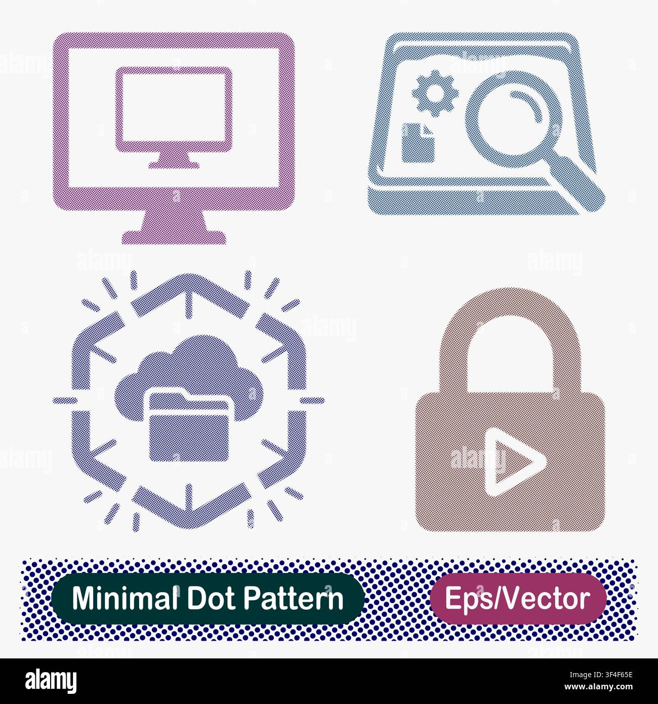 Minimal Dot Pattern Remote Desktop, System Audit Sandbox, Encrypted Cloud Storage, and Video Lock Vector Icons Set Stock Vector