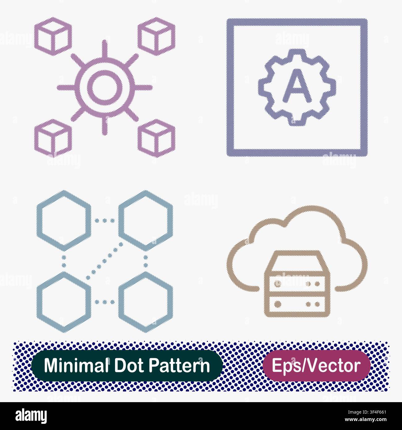 Minimal Dot Pattern Centralized Data Hub, System Automation, Blockchain Network, and Cloud Database Vector Icons Set Stock Vector
