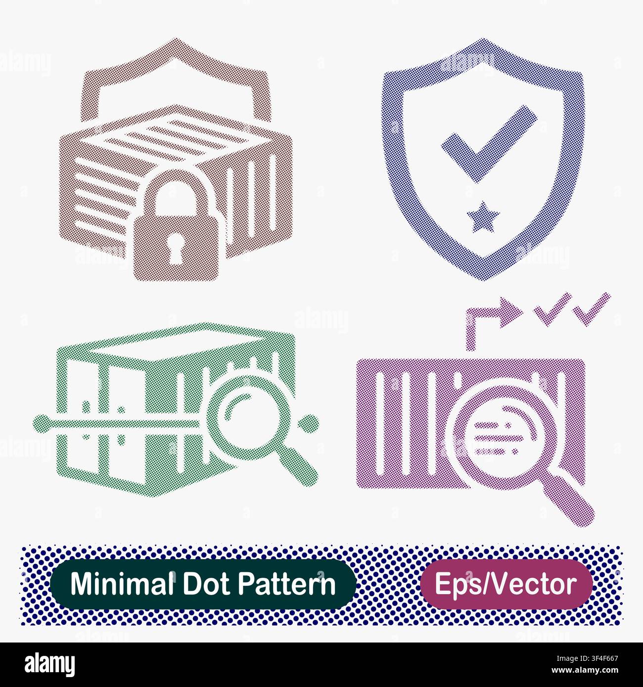 Minimal Dot Pattern Container Security, Verified Shield, Cargo Inspection, and Quality Audit Vector Icons Set Stock Vector