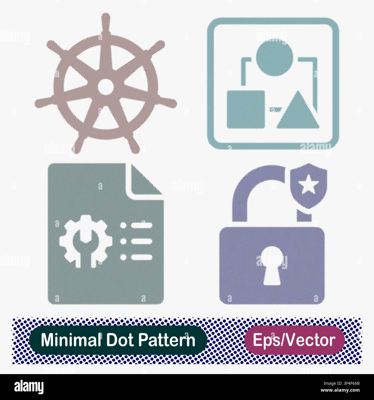 Minimal Dot Pattern Kubernetes Orchestration, UI Design Layout, Configuration Document, and Secure Padlock Vector Icons Set Stock Vector