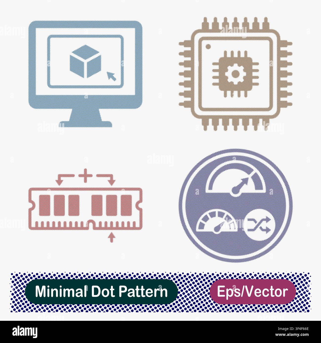 Minimal Dot Pattern 3D Modeling, CPU Processor, RAM Expansion, and System Benchmarking Vector Icons Set Stock Vector