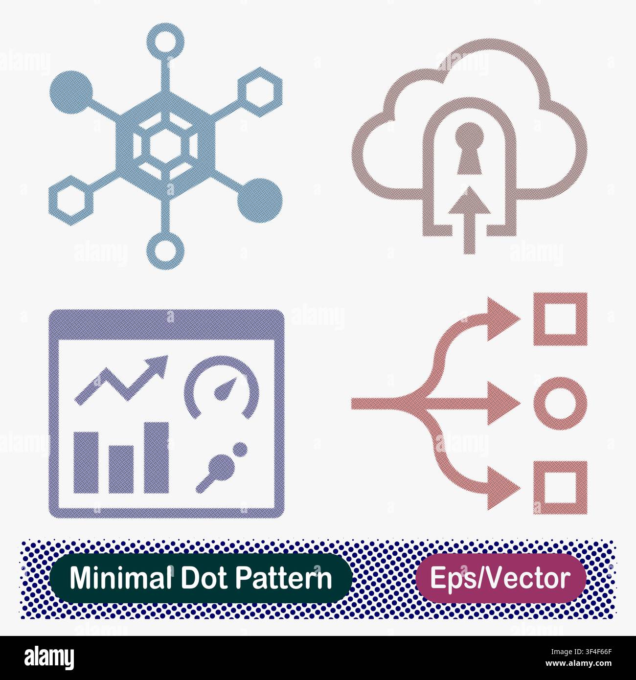 Minimal Dot Pattern Blockchain Network, Cloud Portal Access, Analytics Dashboard, and Data Routing Vector Icons Set Stock Vector